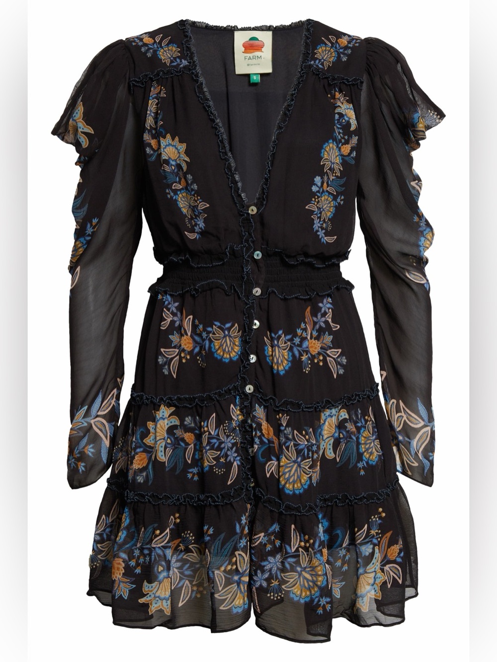 Farm Rio Black Stitched Garden Button Front Long Sleeve Mini Dress NWT XXS Fall - Picture 14 of 15